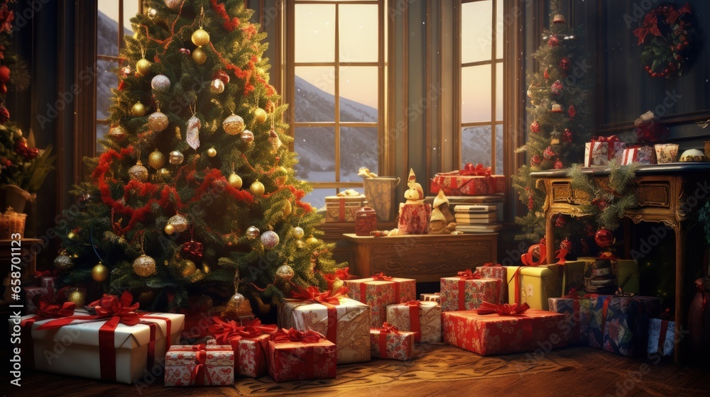 Festively adorned room with gifts under Christmas tree