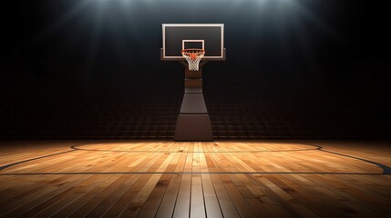Basketball court side view mockup with hoop tribune and wood parquet surface for teamwork