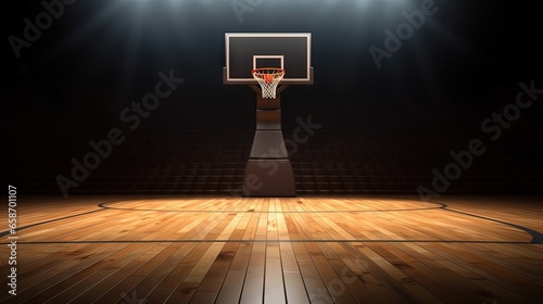 Basketball court side view mockup with hoop tribune and wood parquet surface for teamwork