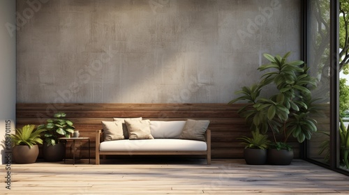 Fototapeta Naklejka Na Ścianę i Meble -  3D visualization of an outdoor living area with loft style design featuring wooden and concrete flooring rough concrete wall with wood plank texture green plant fence and ratten and fabric furn