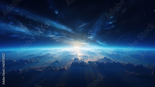 Earth s view against a blue sunrise from space