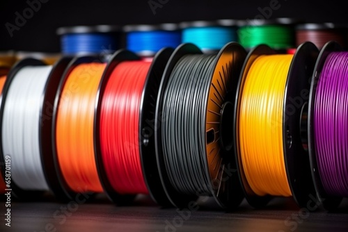 Colorful thread spools for 3D printing. Coils of different colored filament for 3D printer. ABS plastic wire for printer. Generative AI photo