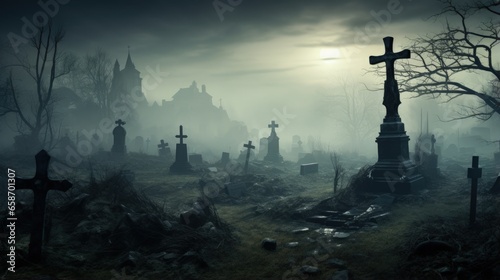Eerie fog envelops ancient graveyard archaic mausoleums towering crosses ominous trees on grassy land