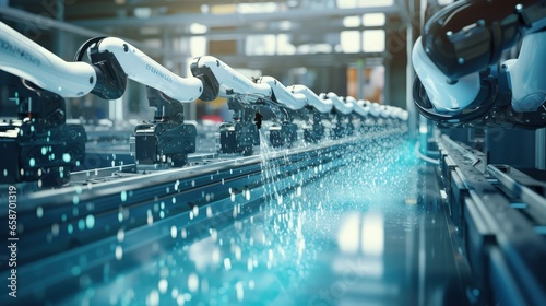 Factory utilizing Industry 4 0 with robotic arm handling water bottles on production line