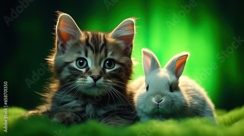 Beautiful Thai cat and furry rabbit sitting together on green background in neon light representing friendship love and care for animals