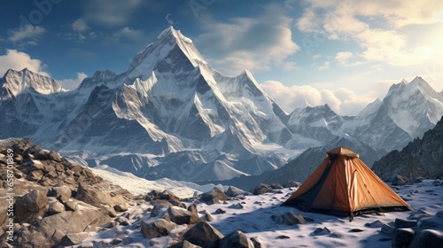 Highest mountain in the world Everest has a tent at its base in a national park Nepal © vxnaghiyev