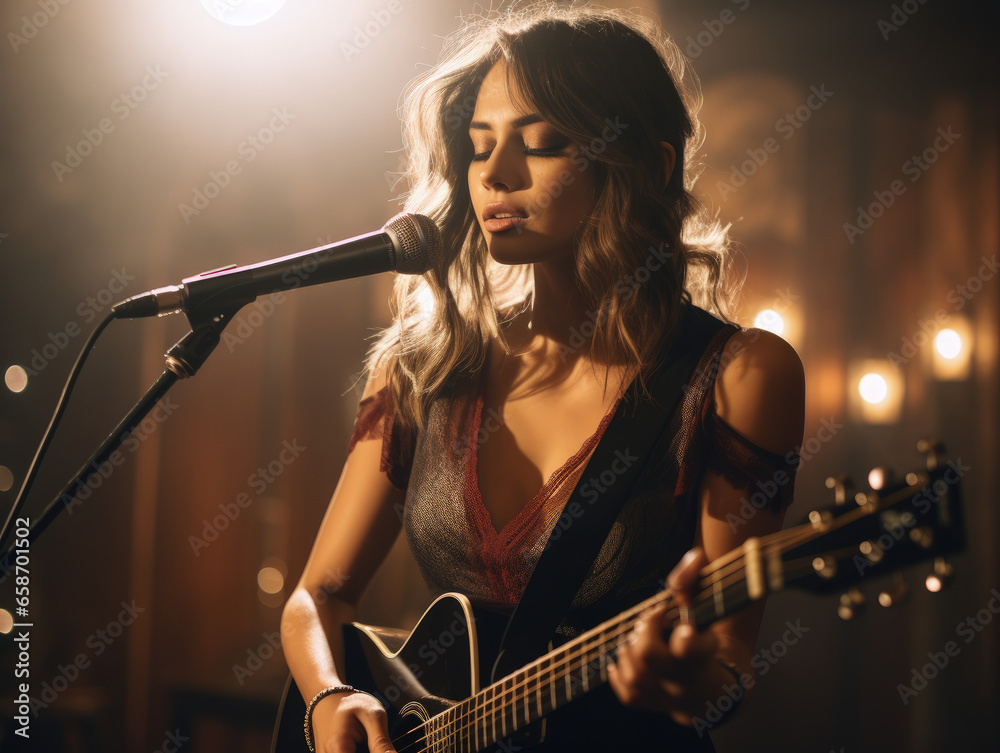 In a charming pub, a talented female singer-songwriter graces the stage, delivering heartfelt ballads with her soulful voice. In a charming pub, a talented female singer-songwriter graces the stage, delivering heartfelt ballads with her soulful voice.