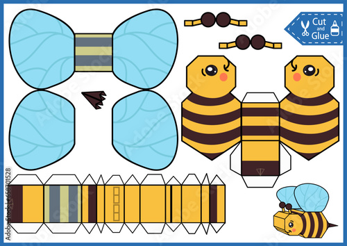 Craft game cut and glue paper 3d bee. Kids papercraft template cute character. Education activity printable page. DIY model toys of funny insect.