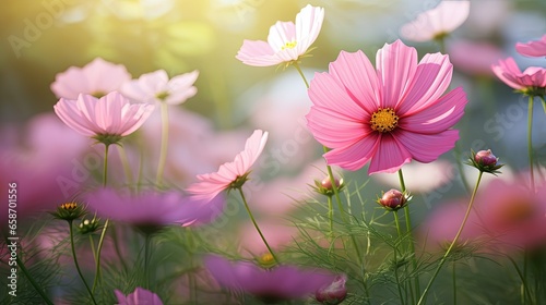 Close up of a refined image Pink Cosmos bipinnatus flower butterfly and natural background symbolize nature s beauty