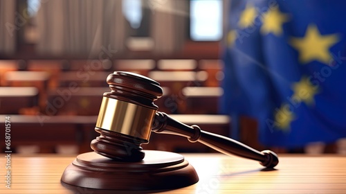 EU flag behind judge s wood...