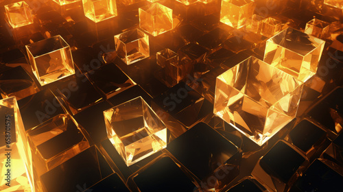 Golden crystals and glass cubes wallpaper with abstract 3D light shine. Luxurious gold crystals background. © Mosaic Media