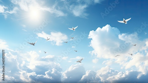 Horizontal composition of flying doves with a blue sky clouds and a cross s glare