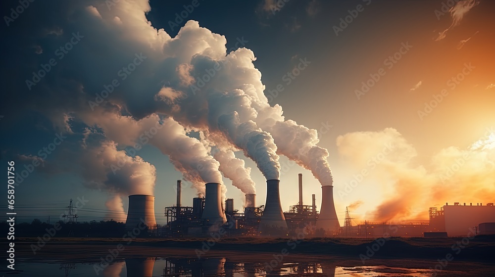 Industrial factory emissions from natural gas contribute to smokestack pollution in the atmosphere This occurs in industrial zones where factories release smoke plumes exacerbating the global e