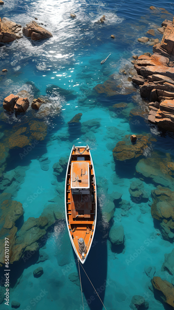 boat in the sea,boat on the water,Weathered Boat in Clear Blue Sea