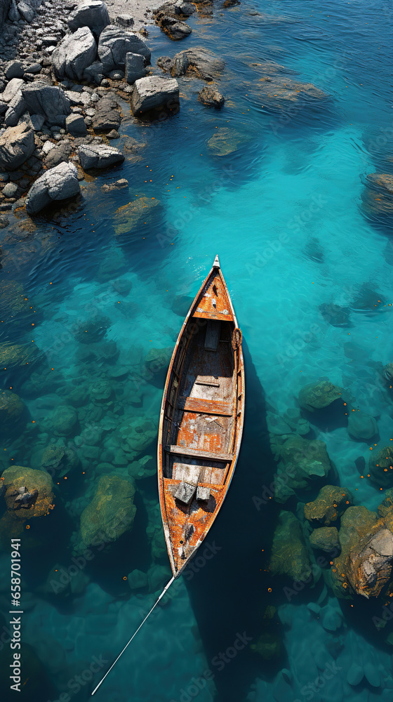 Obraz premium boat in the sea,boat on the water,Weathered Boat in Clear Blue Sea