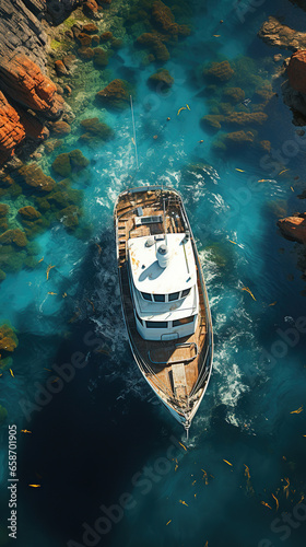 boat in the sea,boat on the water,Weathered Boat in Clear Blue Sea