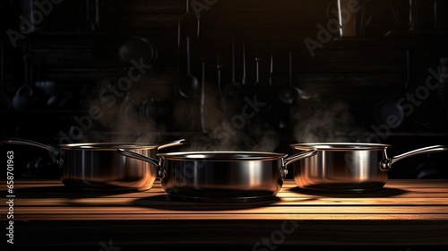 Gleaming cookware on table ...