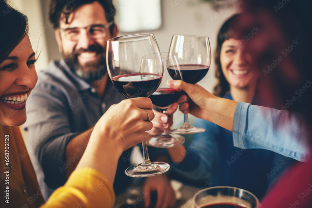 Group of friends toasting with red wine glasses at a festive lunch party Group of friends toasting with red wine glasses at a festive lunch party