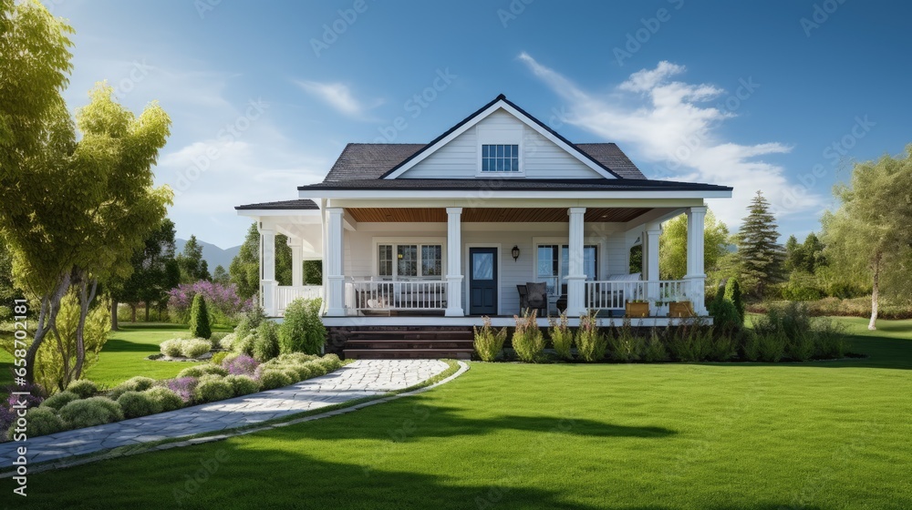 Fototapeta premium Gorgeous house exterior with a porch and lush grass under clear blue sky