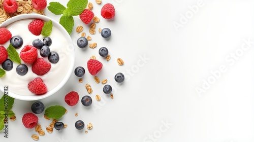 Greek yogurt granola with fresh berries on white table top view copy space Healthy food snack or breakfast