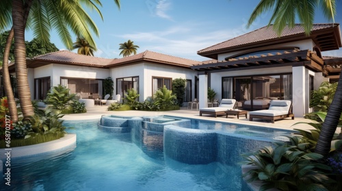 Luxurious decor house with large pool pergola palm trees and whirlpool 3D illustration