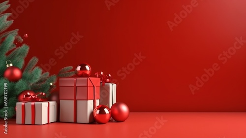 christmas celebrate greeting festive seasonal backdrop christmas tree and gift box with decorate ornament on color backdrop