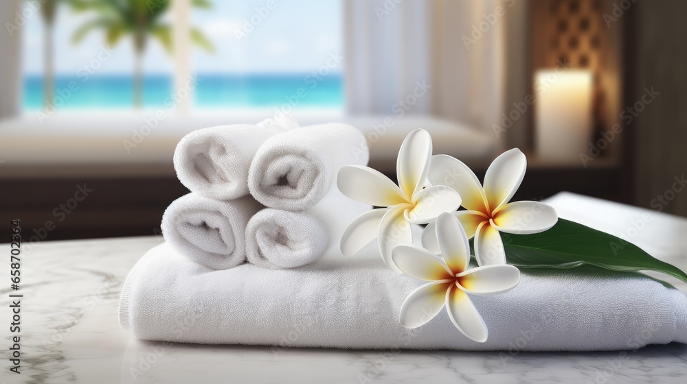 Luxury hotel room with Plumeria and towels prepared for tourists