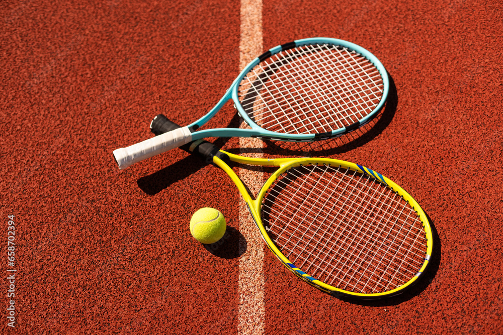 Tennis scene with balls, racquets and hard court surface corner lines