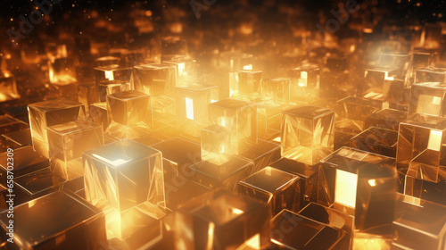 Golden crystals and glass cubes wallpaper with abstract 3D light shine. Luxurious gold crystals background. © Mosaic Media