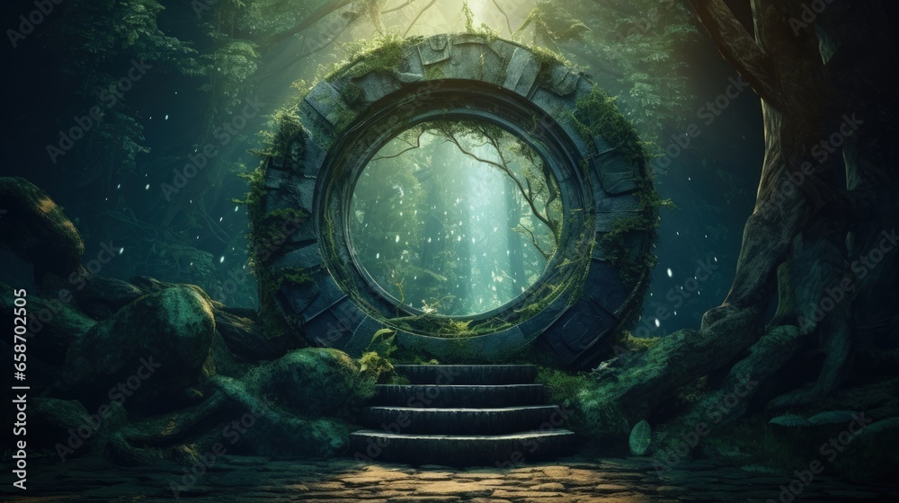 Enchanting forest teleport with a magical stone portal to other worlds and a mystical altar - obrazy, fototapety, plakaty 