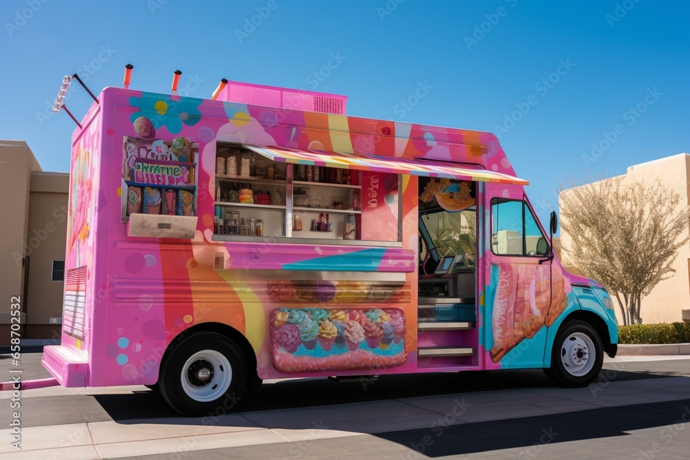 A vibrant, whimsical food truck in a candy-themed world adorned with cupcakes, candies, and ice cream. Generative AI