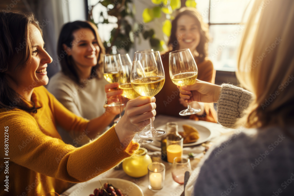 Group of friends toasting with red wine glasses at a festive lunch party Group of friends toasting with red wine glasses at a festive lunch party