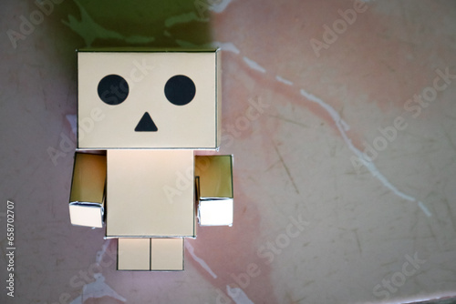 Cute smiling face in pink box lying on the floor, closeup photo