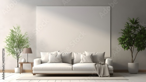 Gallery wall mockup in interior, 3d render. Home mockup, modern living room, minimalistic. Generative AI
