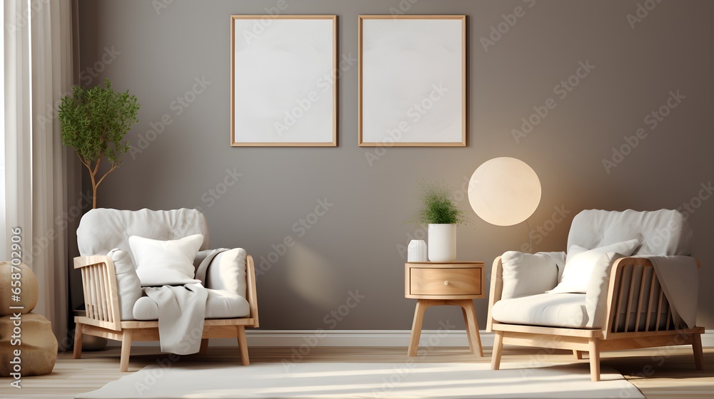 Obraz premium Mock up frame in children room with natural wooden furniture, 3D render. Minimalistic, nudes color tones. Generative AI