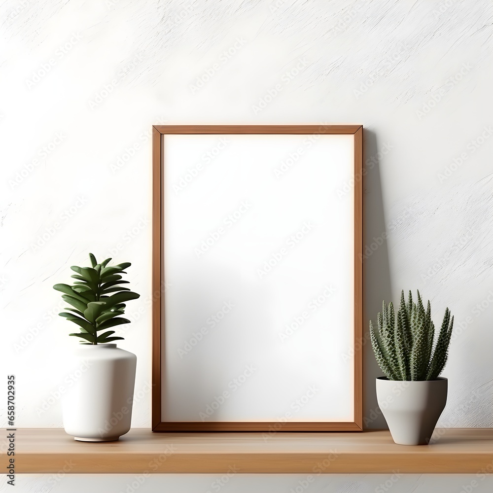 Mockup white poster frame close up on white wall, minimalistic. Modern Room interior, green plant Generative AI