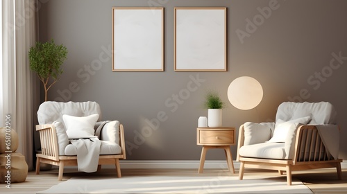 Mock up frame in children room with natural wooden furniture, 3D render. Minimalistic, nudes color tones. Generative AI © PSCL RDL