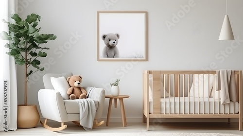 Mock up frame in children room with natural wooden furniture, 3D render. Minimalistic, nudes color tones. Generative AI
