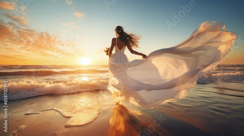 Obraz na płótnie Happy young bride running on clean sandy beach enjoying azure sea waves at sunset for a summer vacation Symbolizes wedding rest relax and honeymoon w salonie