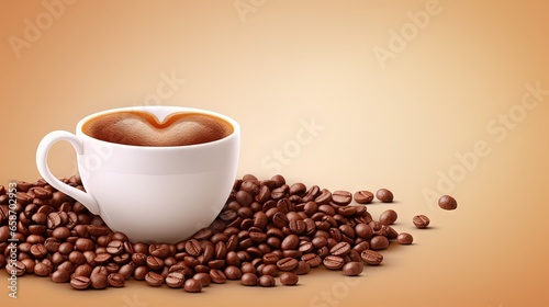 Coffee and love themed banner with heart shaped foam and coffee beans on a white background for cafes and restaurants