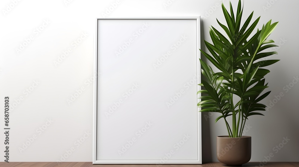 Mockup white poster frame close up on white wall, minimalistic. Modern Room interior, green plant Generative AI Mockup white poster frame close up on white wall, minimalistic. Modern Room interior, green plant Generative AI