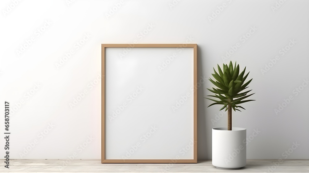 Mockup white poster frame close up on white wall, minimalistic. Modern Room interior, green plant Generative AI Mockup white poster frame close up on white wall, minimalistic. Modern Room interior, green plant Generative AI