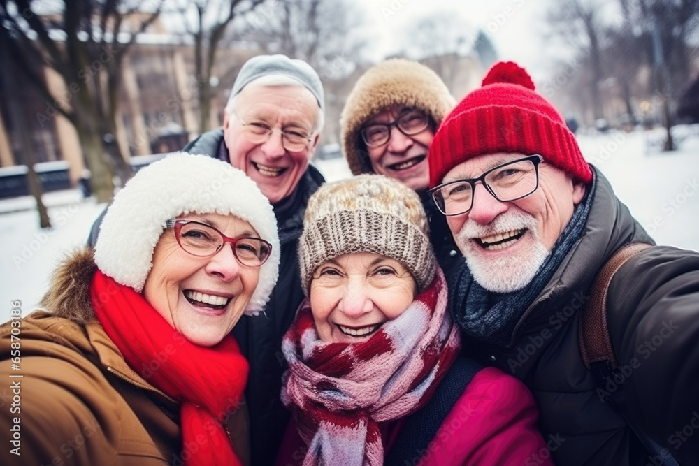 Happy group of senior people smiling at camera outdoors. Older friends taking selfie picture with smartphone, life style concept with pensioners having fun together on winter holiday Happy group of senior people smiling at camera outdoors. Older friends taking selfie picture with smartphone, life style concept with pensioners having fun together on winter holiday