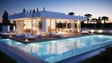 Illuminate the modern style white house s swimming pool terrace with indoor lighting and gray furniture for a 3D rendered nighttime ambiance