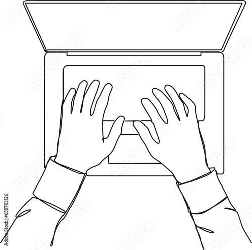 continuous single line drawing of hands typing on laptop computer keyboard, line art vector illustration