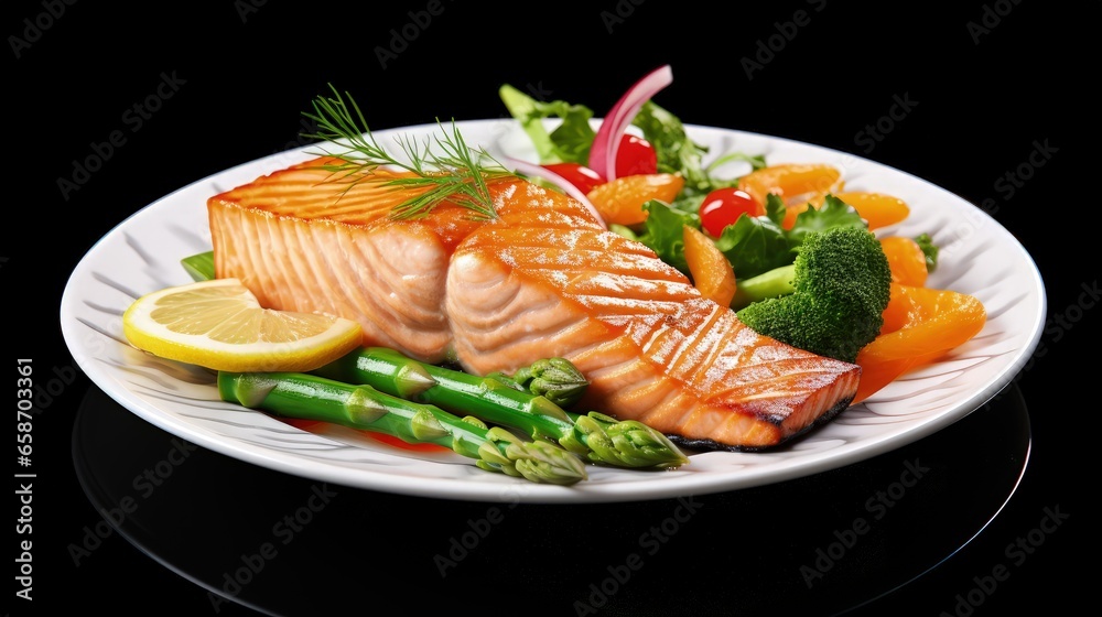 Grilled salmon and vegetables on a white plate Grilled salmon and vegetables on a white plate