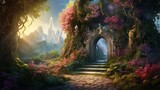 Enchanted landscape with magic road and sunlit entrance to a mysterious gate
