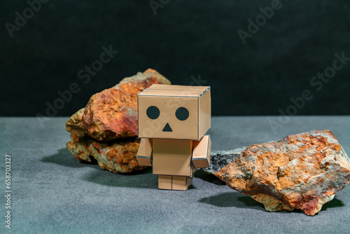 Wooden robot with stones on dark background, artificial intelligence concept