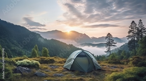 High quality photo of a gray tent against the forest and mountain backdrop in a campsite perfect for sleeping and resting in nature