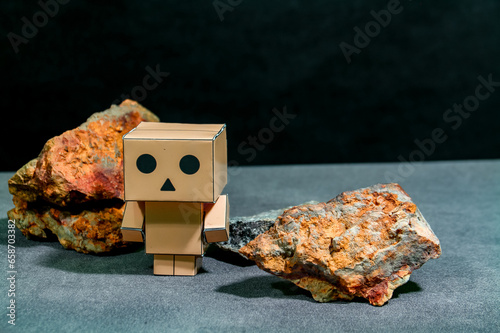 Wooden robot with stones on dark background, artificial intelligence concept